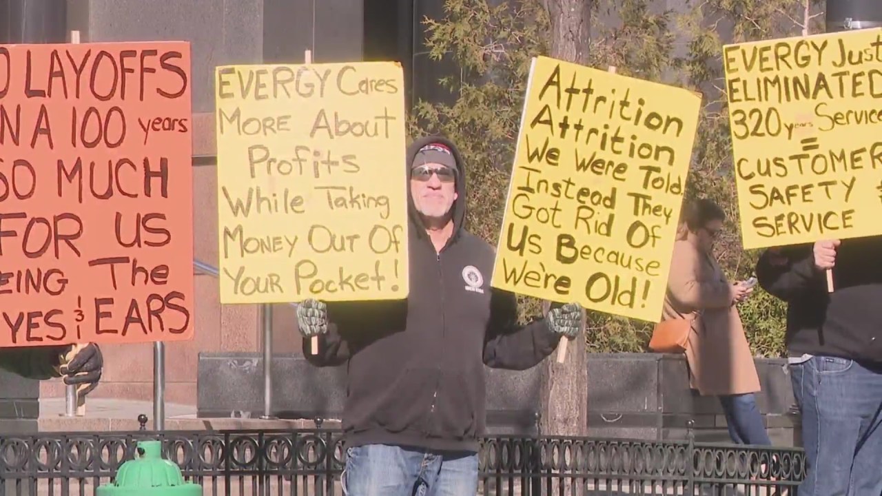 Evergy workers picket in Kansas City after recent layoffs